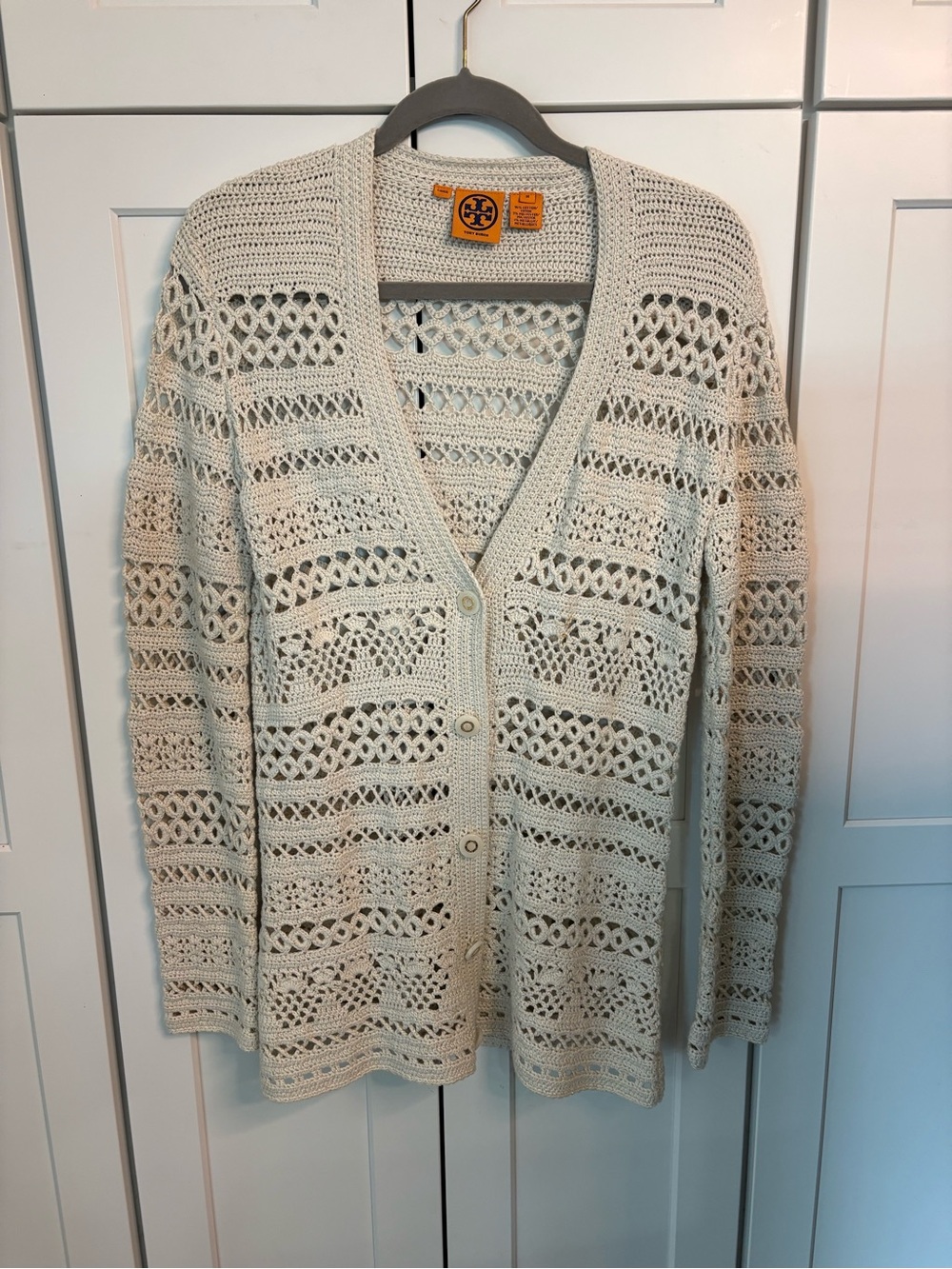 Tory Burch Cream Openwork Crochet Button-Front Cardigan